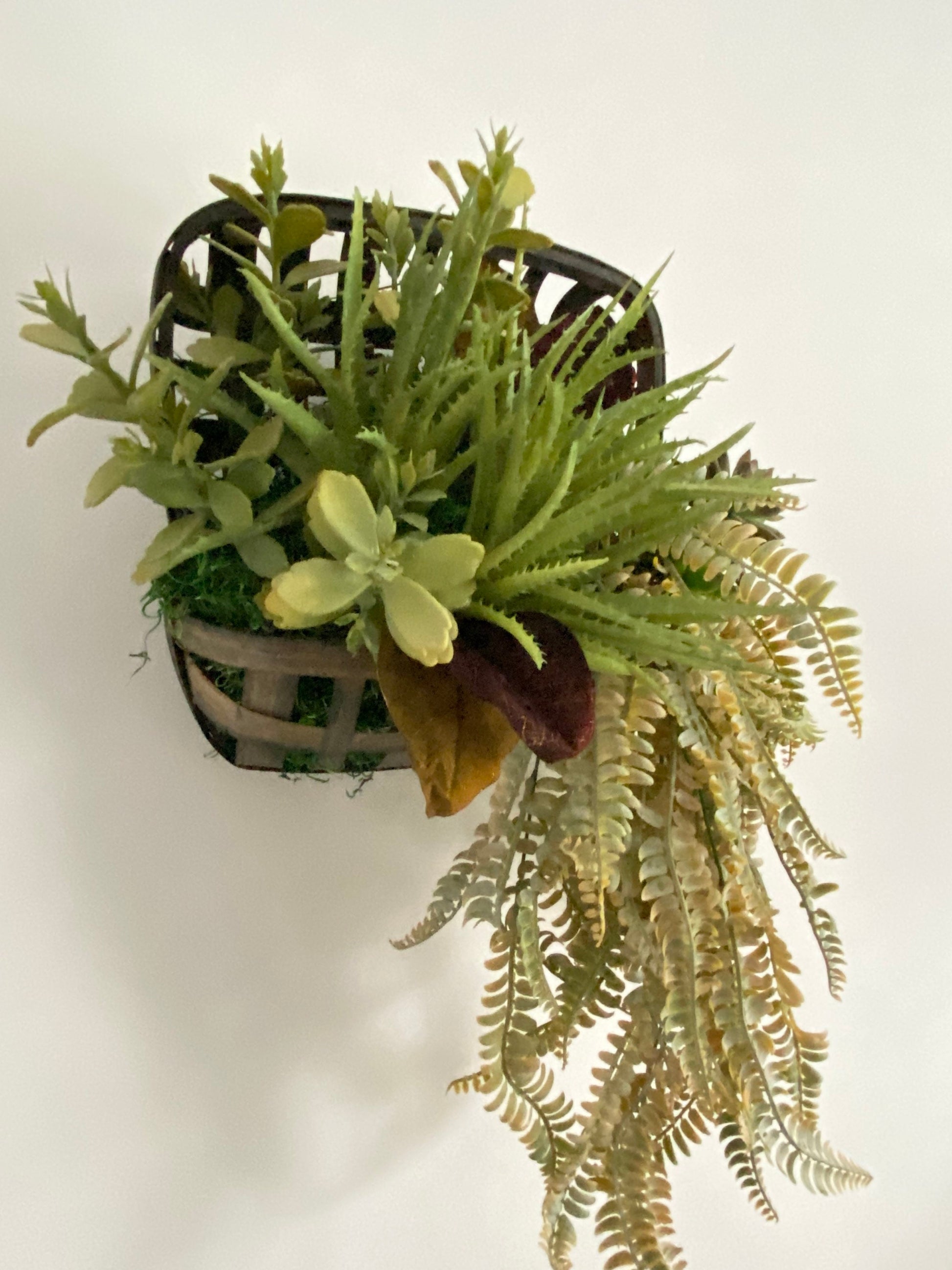 Tobacco Basket Wall Planter with Faux Succulents, Hanging Succulent Wall Garden, Succulent Wreath, Hanging Wall Decor, Succulent Arrangement