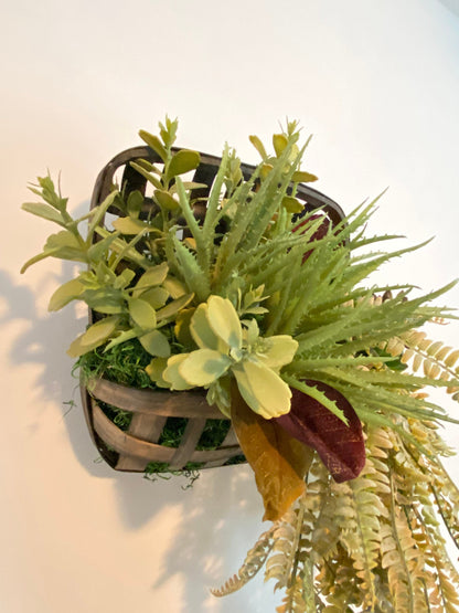Tobacco Basket Wall Planter with Faux Succulents, Hanging Succulent Wall Garden, Succulent Wreath, Hanging Wall Decor, Succulent Arrangement