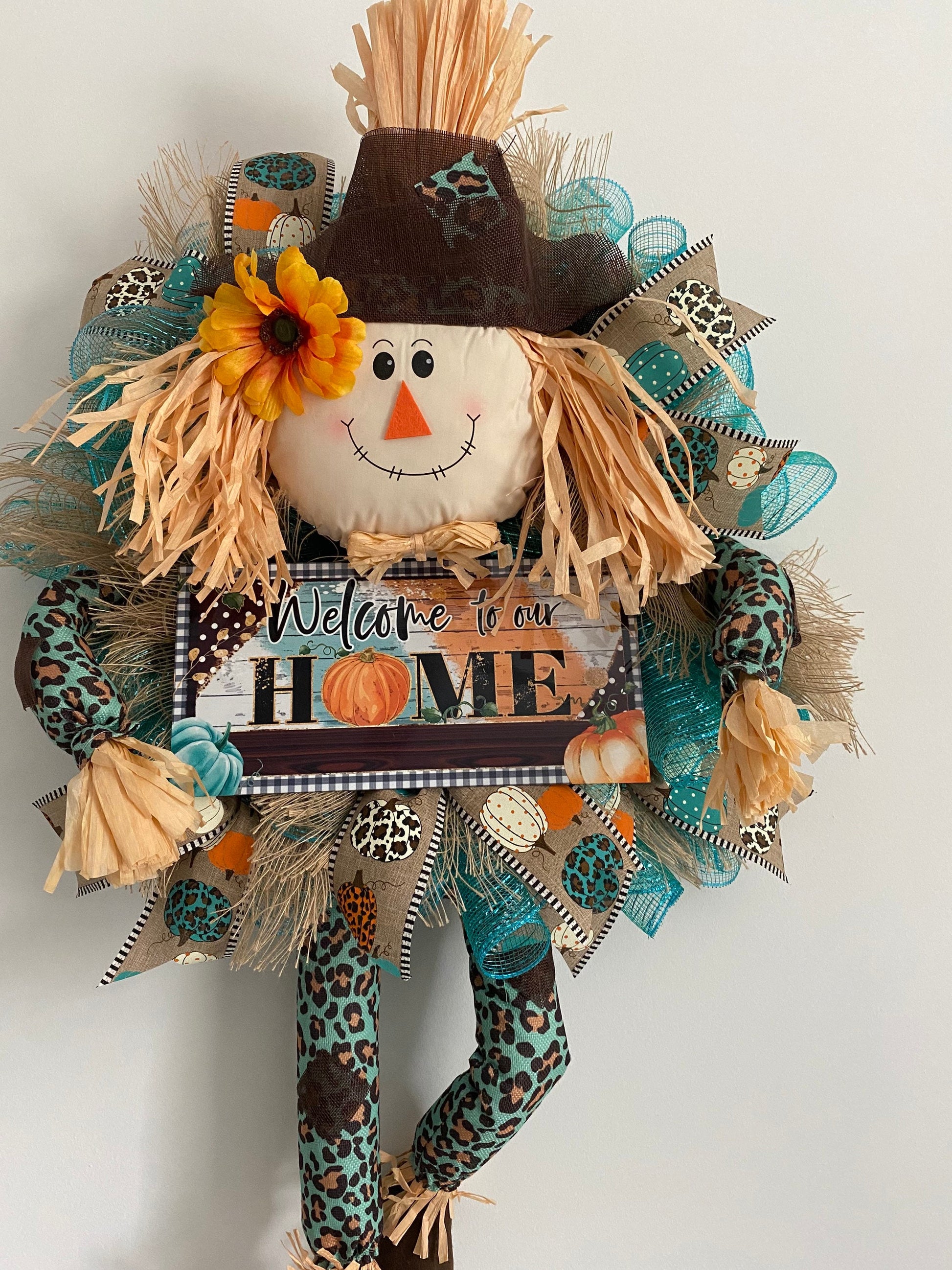 Fall Teal Leopard Scarecrow Welcome Wreath, Blue Autumn Large Home Door Hanger for Front Door, Rustic Farmhouse Porch Decor
