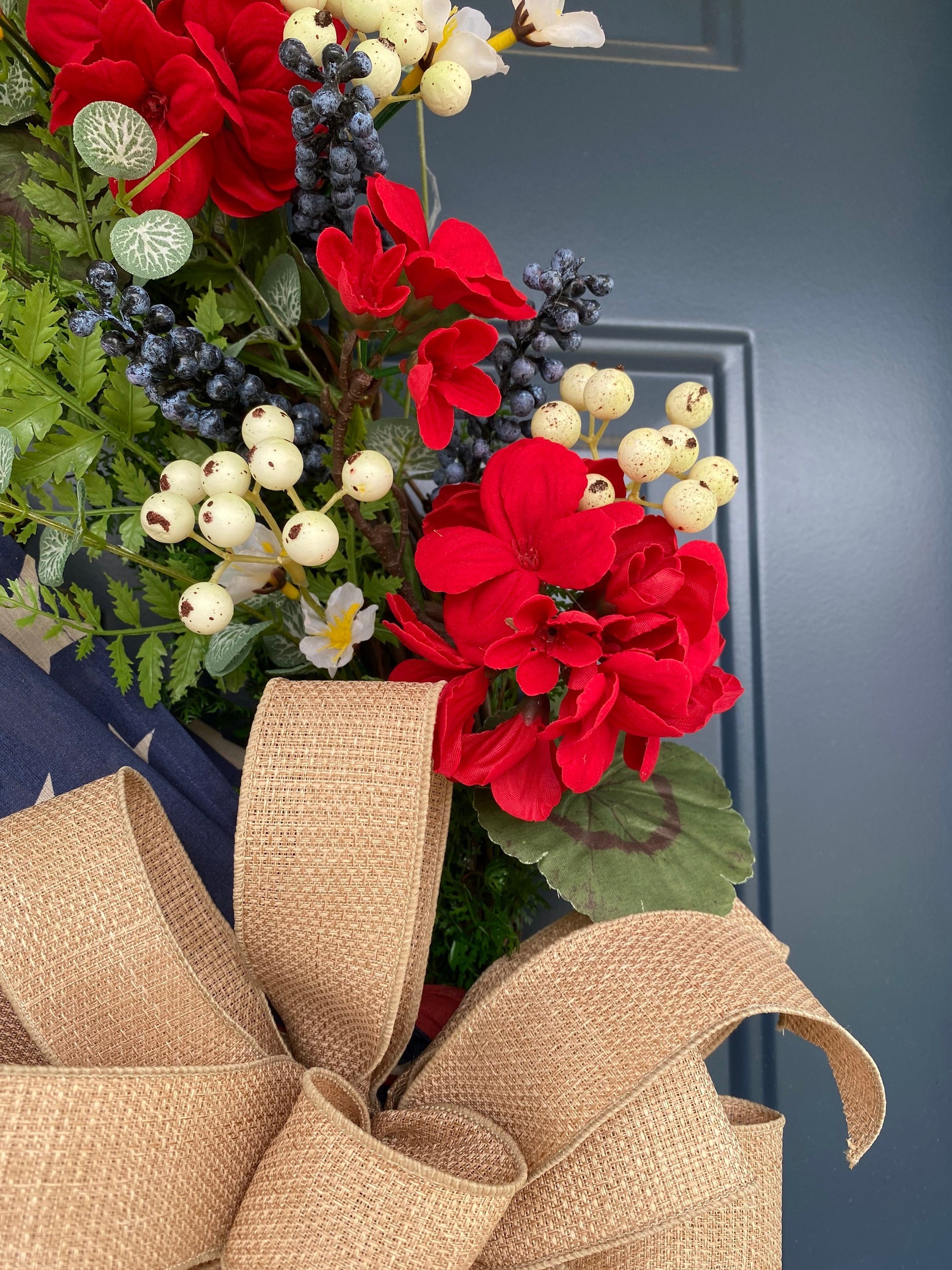 Flag Wreath, Patriotic Floral Grapevine Wreath, 4th of July Wreath, Primitive Americana Wreath, Stars and Stripes Doorhanger