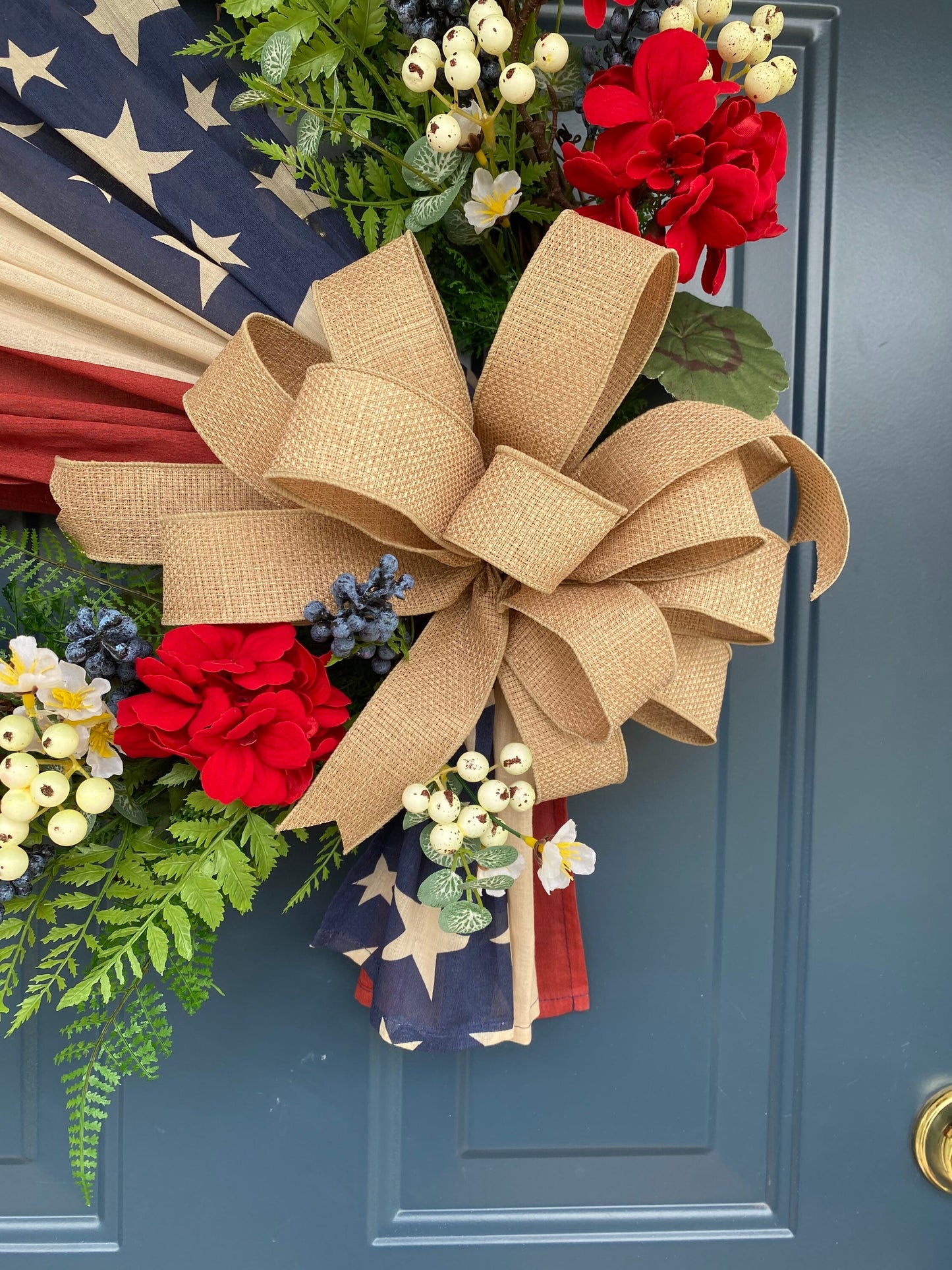 Flag Wreath, Patriotic Floral Grapevine Wreath, 4th of July Wreath, Primitive Americana Wreath, Stars and Stripes Doorhanger