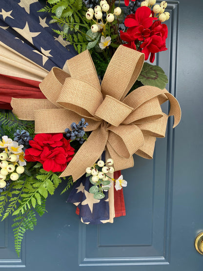 Flag Wreath, Patriotic Floral Grapevine Wreath, 4th of July Wreath, Primitive Americana Wreath, Stars and Stripes Doorhanger