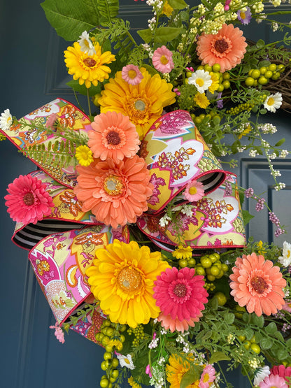 Gerbera Daisy and Wildflower Bright Summer Wreath