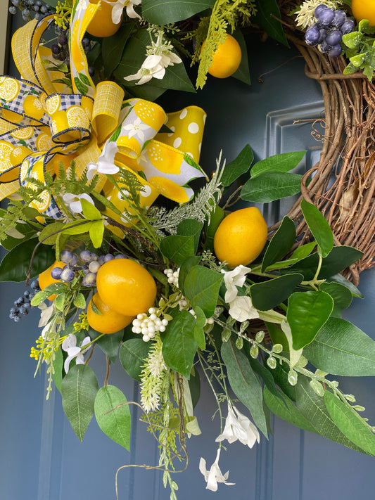 Summer Lemon and Blueberry Grapevine Wreath, Kitchen Lemon Décor, Farmhouse Fresh Citrus, Yellow and Blue Summer Fruit Door Hanger