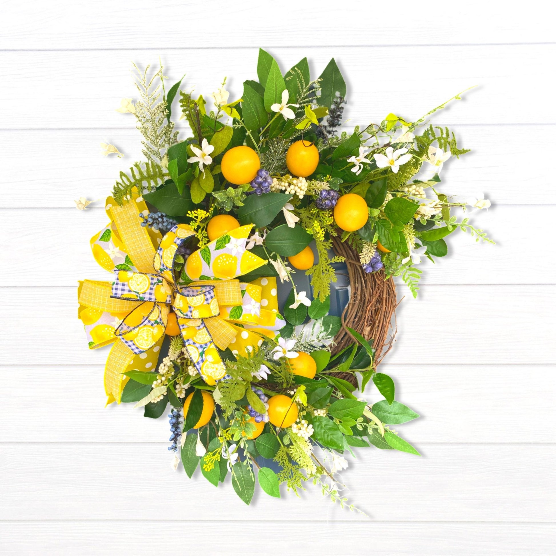 Summer Lemon and Blueberry Grapevine Wreath, Kitchen Lemon Décor, Farmhouse Fresh Citrus, Yellow and Blue Summer Fruit Door Hanger