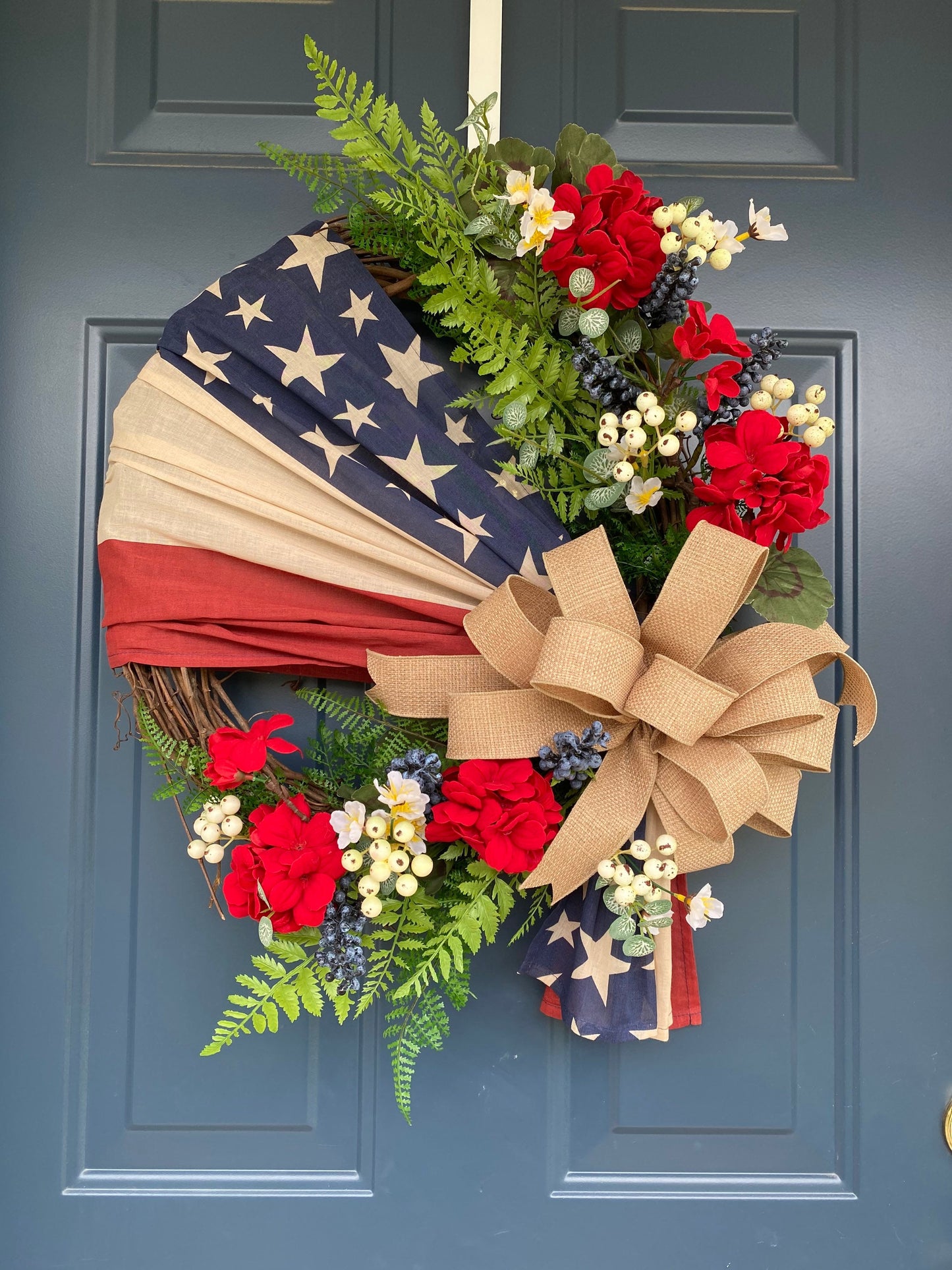 Flag Wreath, Patriotic Floral Grapevine Wreath, 4th of July Wreath, Primitive Americana Wreath, Stars and Stripes Doorhanger
