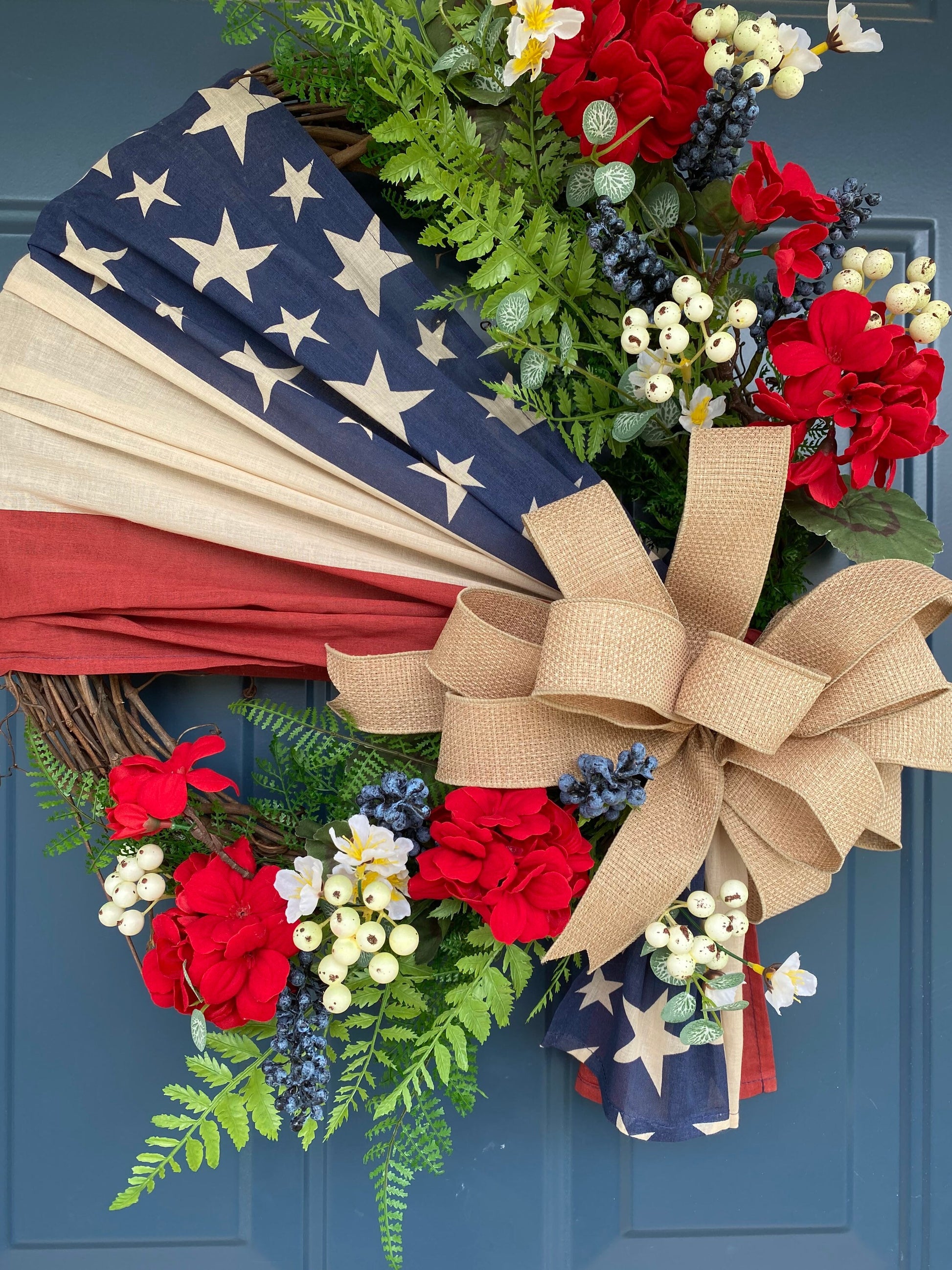 Flag Wreath, Patriotic Floral Grapevine Wreath, 4th of July Wreath, Primitive Americana Wreath, Stars and Stripes Doorhanger