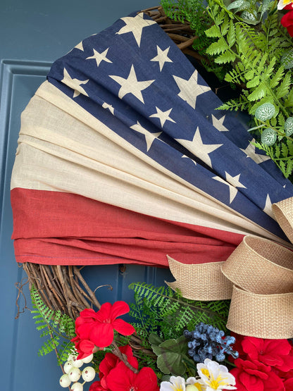 Flag Wreath, Patriotic Floral Grapevine Wreath, 4th of July Wreath, Primitive Americana Wreath, Stars and Stripes Doorhanger
