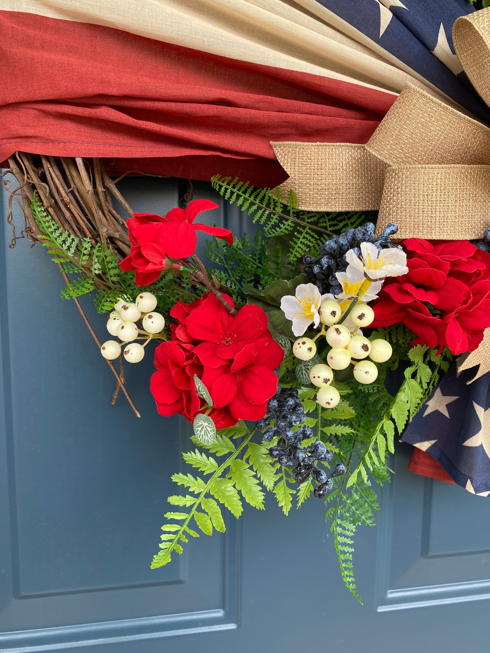 Flag Wreath, Patriotic Floral Grapevine Wreath, 4th of July Wreath, Primitive Americana Wreath, Stars and Stripes Doorhanger