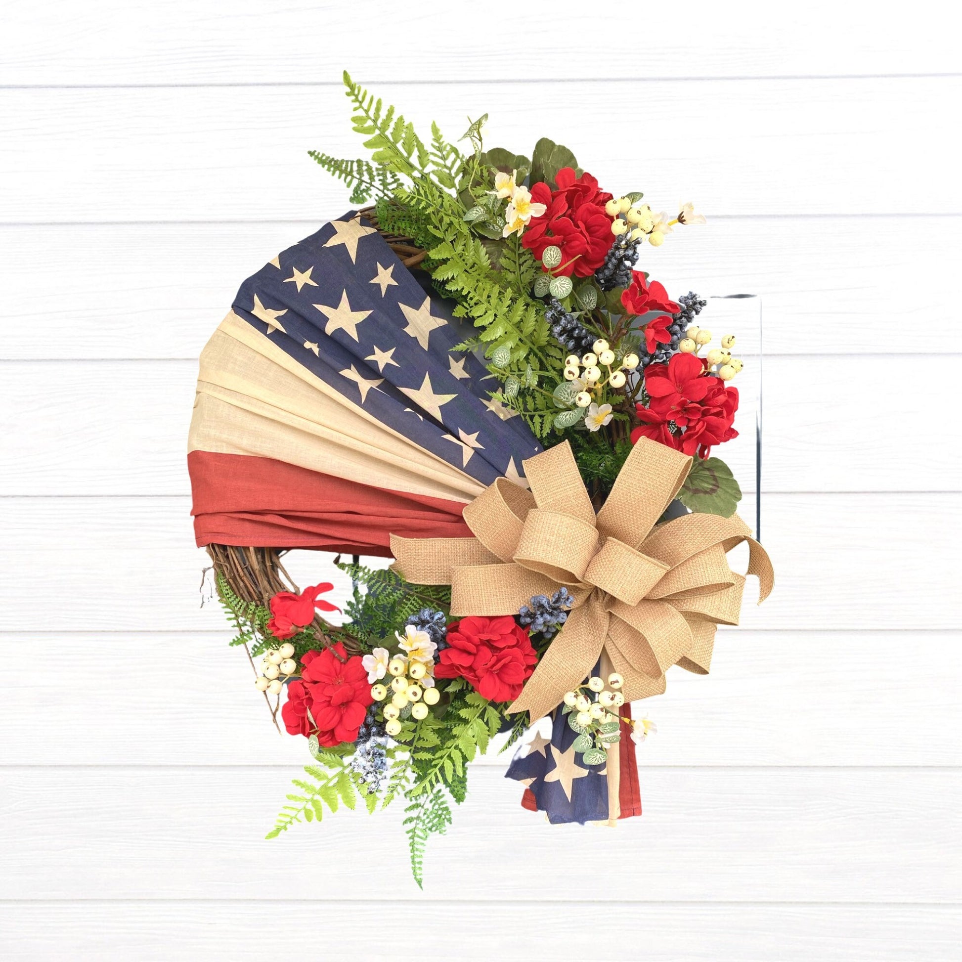 Flag Wreath, Patriotic Floral Grapevine Wreath, 4th of July Wreath, Primitive Americana Wreath, Stars and Stripes Doorhanger