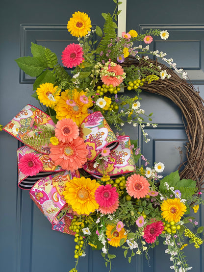 Gerbera Daisy and Wildflower Bright Summer Wreath