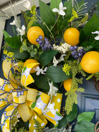 Summer Lemon and Blueberry Grapevine Wreath, Kitchen Lemon Décor, Farmhouse Fresh Citrus, Yellow and Blue Summer Fruit Door Hanger