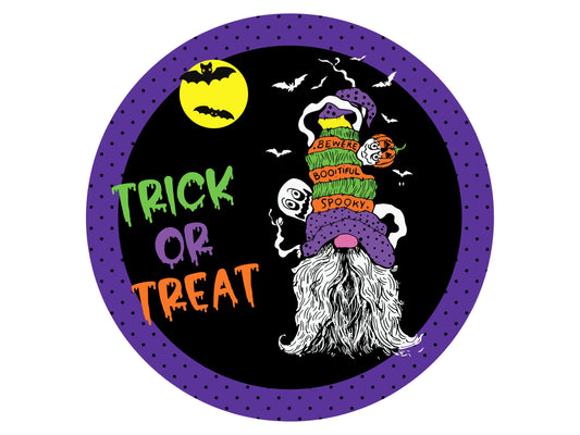 Gnome halloween wreath sign, round halloween wreath attachment, spooky gnome metal sign, bat ghost wreath supplies, purple green orange sign