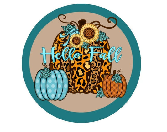 Pumpkin hello fall wreath sign, teal tuqouise pumpkin round wreath attachment, fall wreath supplies, sunflower and leopard pumpkin decor