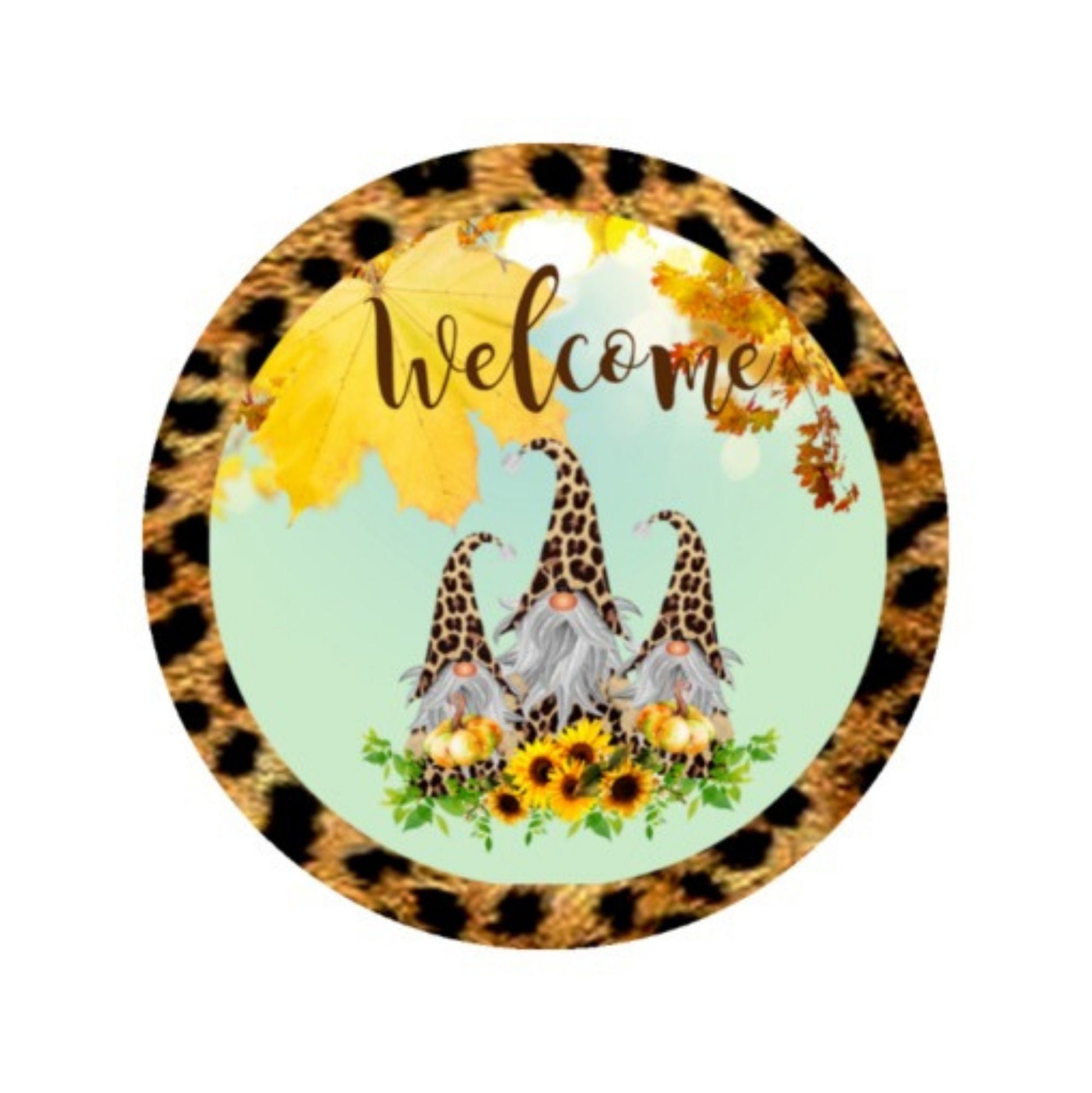 Gnome fall wreath sign, leopard gnome round wreath sign, fall welcome wreath attachment, sunflower decor, gnome welcome sign