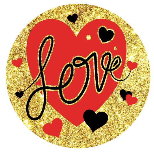 Valentine love wreath sign, red gold black love sign, valentine wreath attachment, pick your size round signs for wreaths, hearts sign