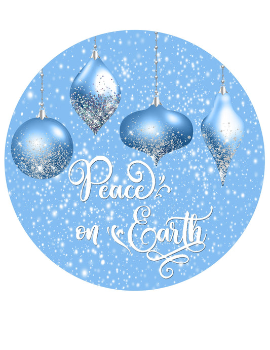 Peace on earth christmas sign, blue ornamet sign, snowy religious wreath attachment, metal wreath sign, signs for wreaths