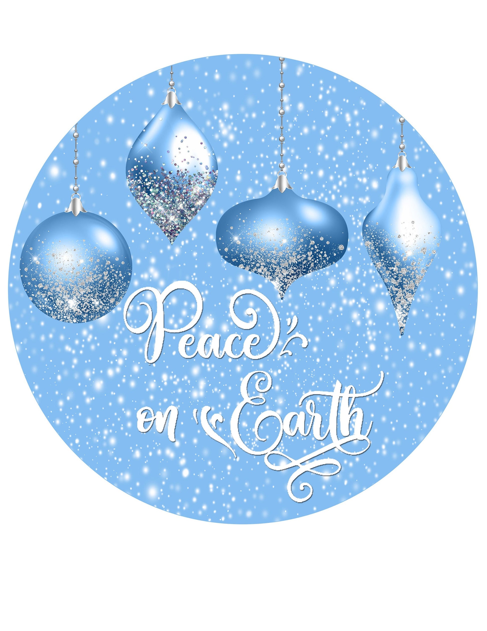 Peace on earth christmas sign, blue ornamet sign, snowy religious wreath attachment, metal wreath sign, signs for wreaths