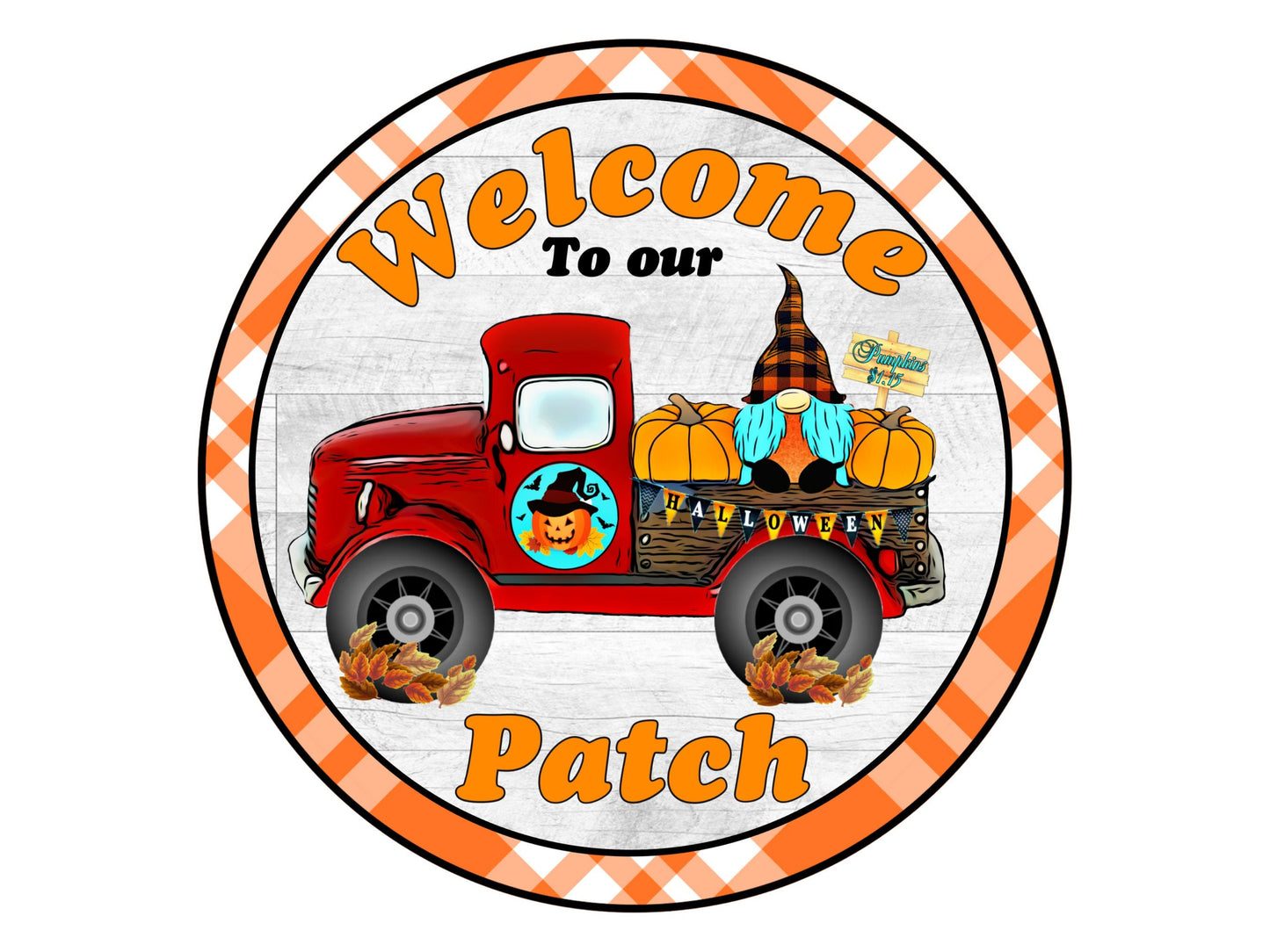 Fall wreath sign, gnome pumpkins in truck round wreath attachment, whimsical gnome fall wreath attachment, autumn welcome sign,
