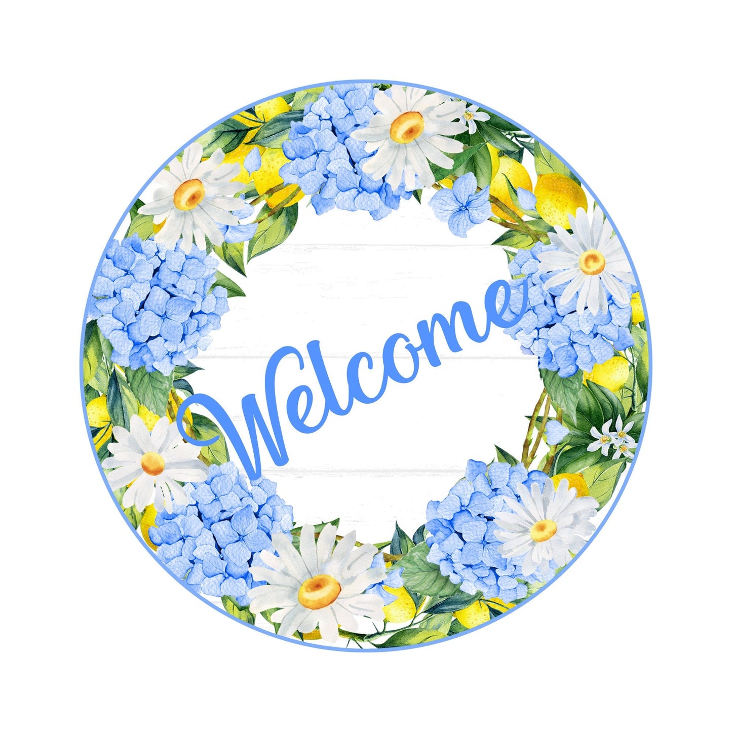 Welcome floral and lemon wreath sign, spring summer wreath attachment, hydrangea daisy welcome metal sign