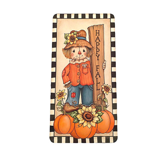 Happy fall scarecrow sign, scarecrow fall wreath sign, blue orange rustic autumn vertical wreath attachment, fall metal wreath attachment