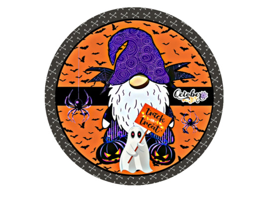 Gnome halloween sign, round halloween wreath attachment, spooky gnome metal sign, bat ghost spider wreath supplies, purple orange black sign