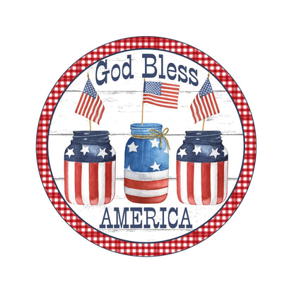 Patriotic wreath sign, stars and stripes wreath attachment, americana decor, summer america mason jar accent, god bless america sign
