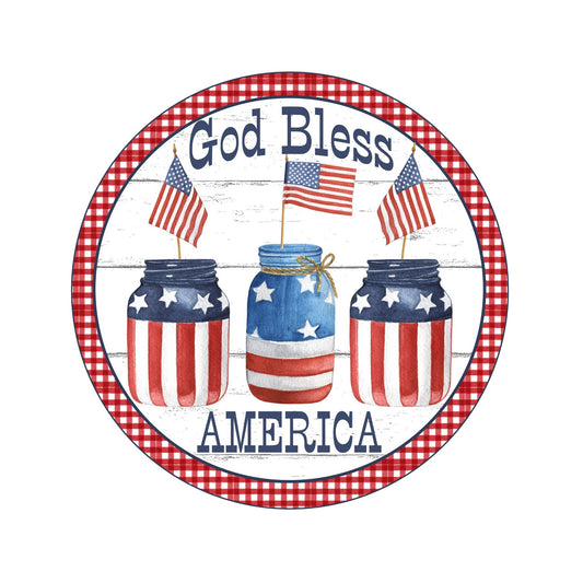 Patriotic wreath sign, stars and stripes wreath attachment, americana decor, summer america mason jar accent, god bless america sign