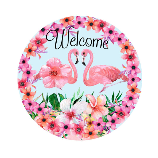 Tropical flamingo wreath sign, welcome beach metal sign, spring summer wreath attachment, pink summer flowers, signs for wreaths