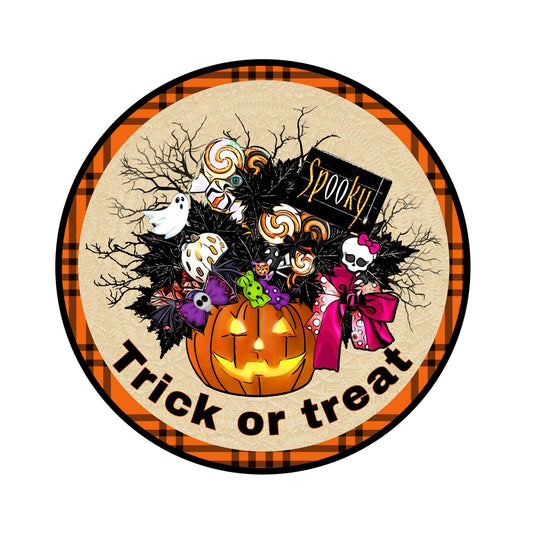 Trick or treat halloween wreath sign, round halloween wreath attachment, orange black plaid metal, round halloween sign, pick your size sign