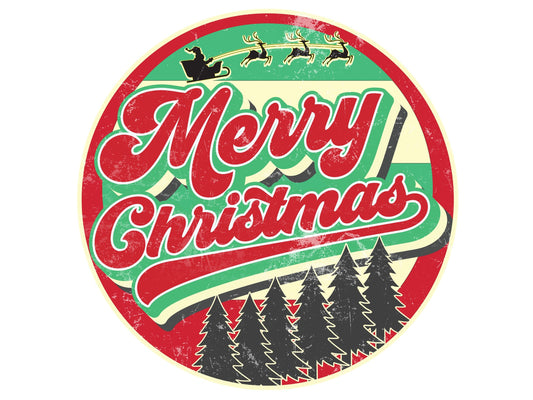 Retro merry christmas wreath sign, vintage santa christmas tree metal wreath attachment, antique look santa sleigh wreath center