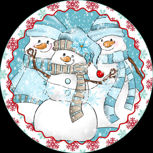 Snowman christmas sign, three snowmen wreath sign, ice blue and red winter sign for wreath, pick your size wreath attachment