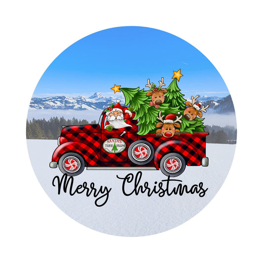 Merry christmas sign, santa's tree farm with reindeer in buffalo plaid truck christmas wreath sign, pick your size wreath attachment