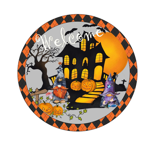 Haunted house halloween wreath sign, round halloween wreath attachment, orange black plaid welcome metal sign, pick your size sign