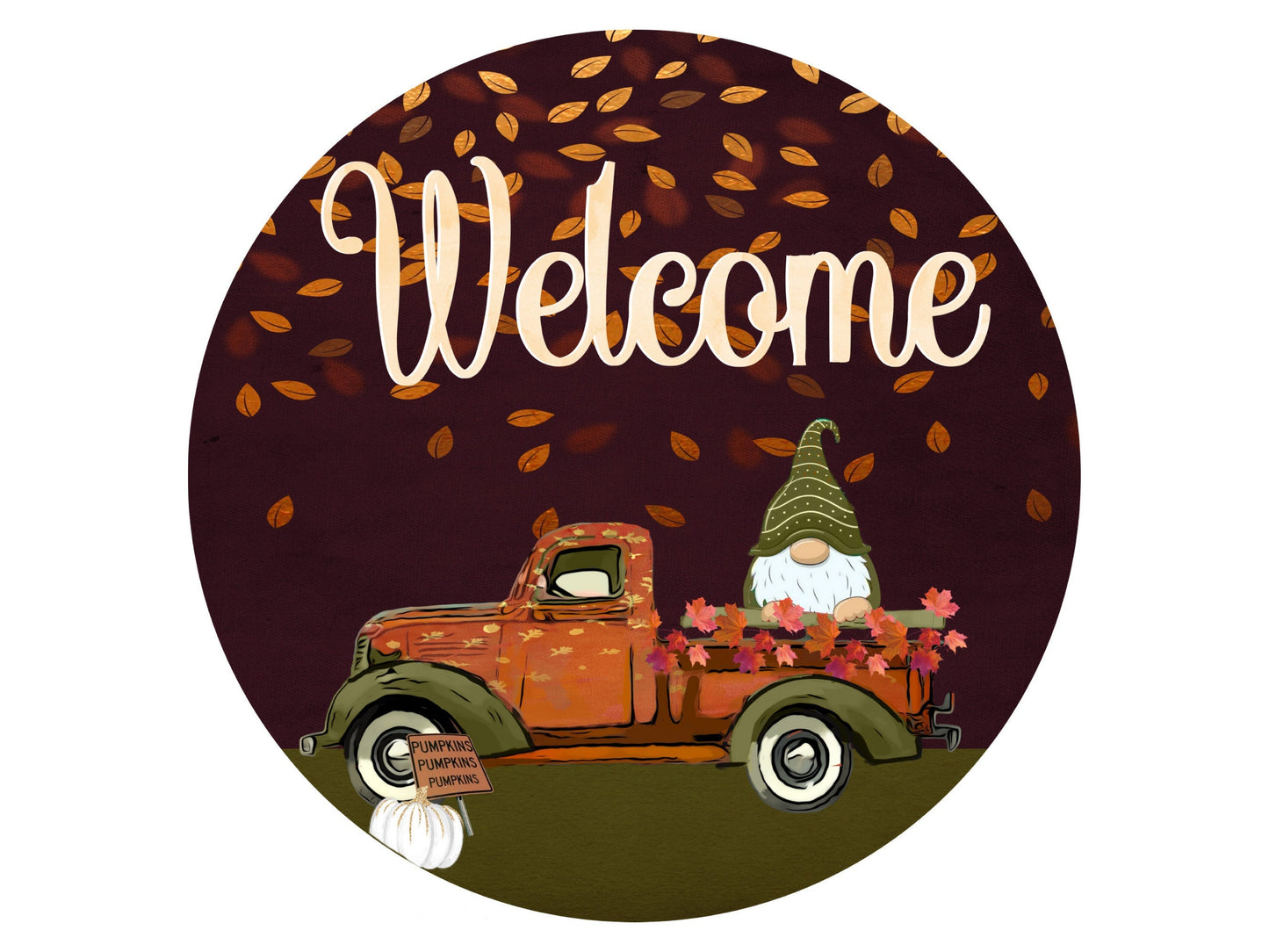 Fall gnome wreath sign, fall tuck round wreath attachment, gnome in truck autumn welcome sign, fall wreath attachment, autumn welcome sign
