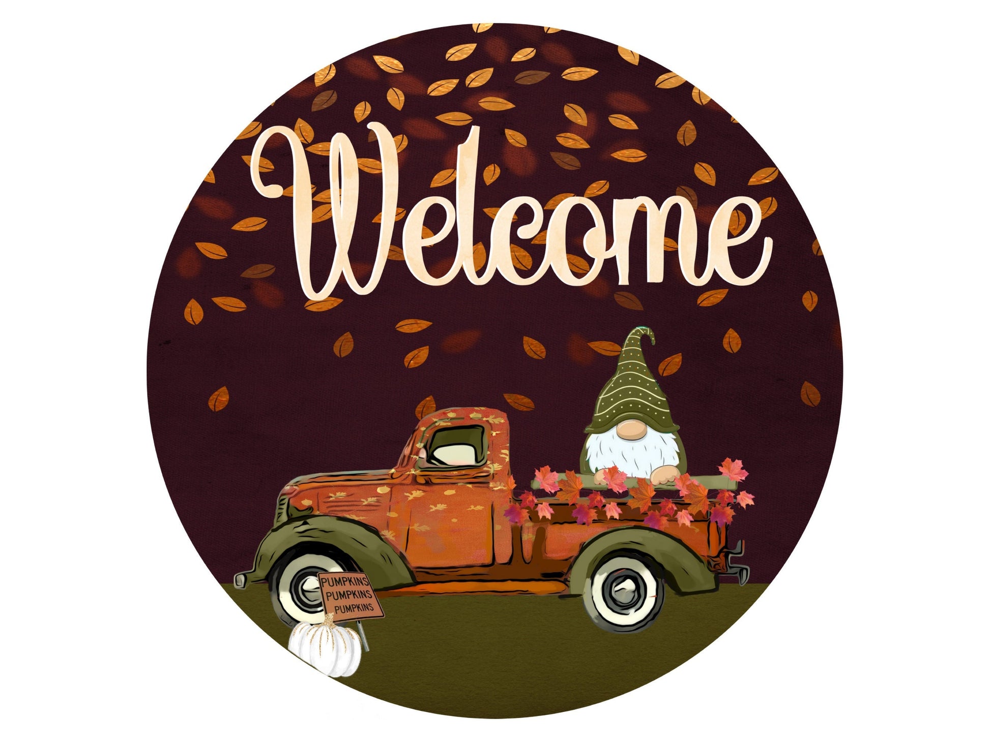 Fall gnome wreath sign, fall tuck round wreath attachment, gnome in truck autumn welcome sign, fall wreath attachment, autumn welcome sign