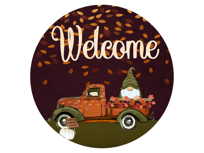 Fall gnome wreath sign, fall tuck round wreath attachment, gnome in truck autumn welcome sign, fall wreath attachment, autumn welcome sign