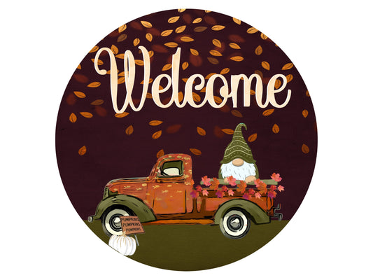 Fall gnome wreath sign, fall tuck round wreath attachment, gnome in truck autumn welcome sign, fall wreath attachment, autumn welcome sign