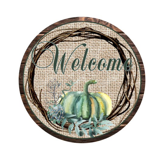 Fall wreath sign, blue pumpkin round wreath attachment, burlap and twigs fall wreath attachment, teal pumpkin autumn welcome sign,