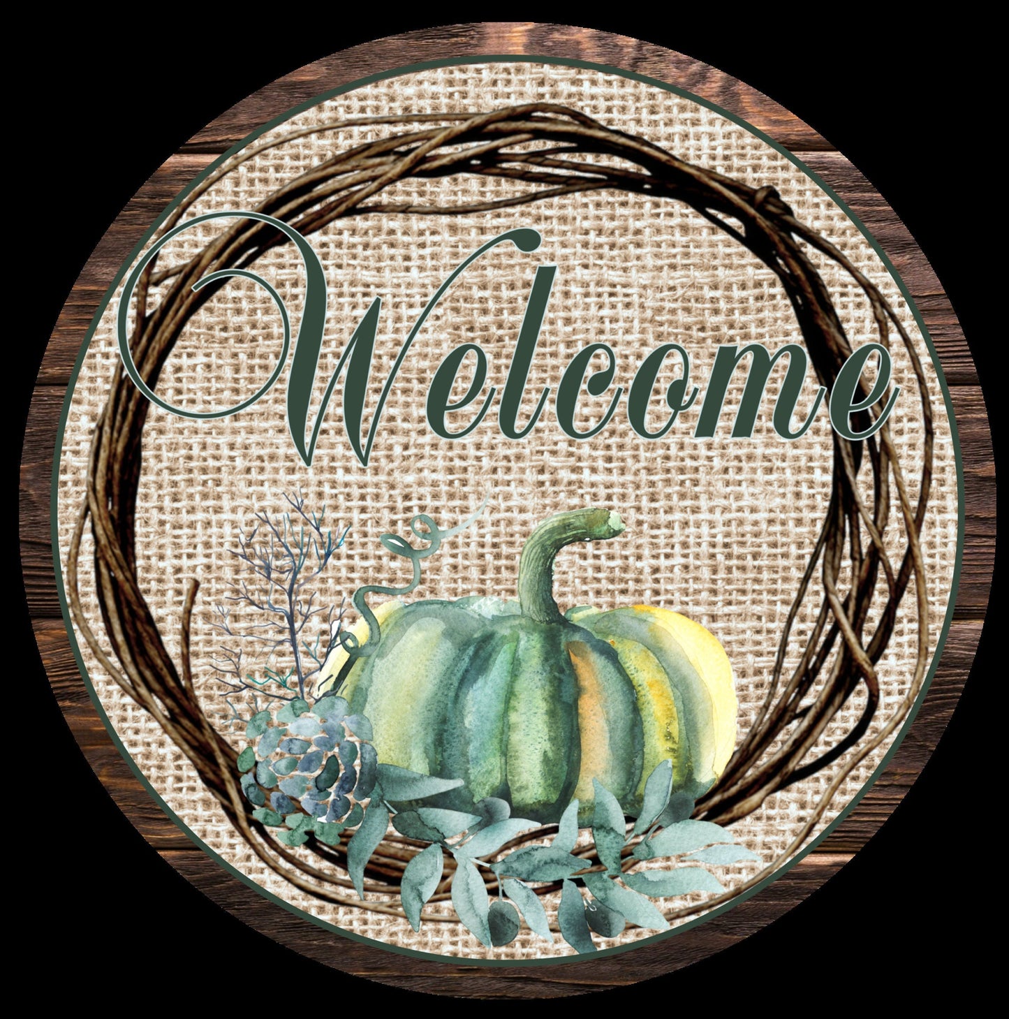 Fall wreath sign, blue pumpkin round wreath attachment, burlap and twigs fall wreath attachment, teal pumpkin autumn welcome sign,