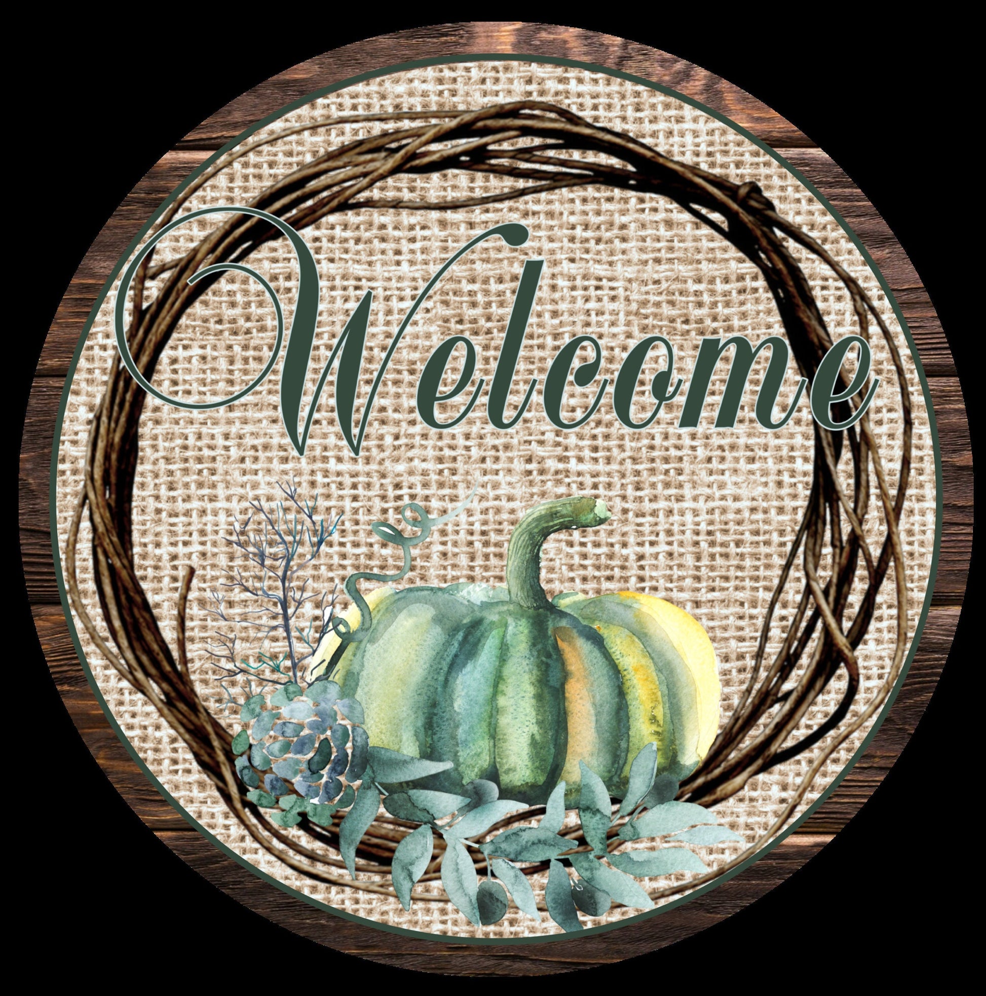 Fall wreath sign, blue pumpkin round wreath attachment, burlap and twigs fall wreath attachment, teal pumpkin autumn welcome sign,