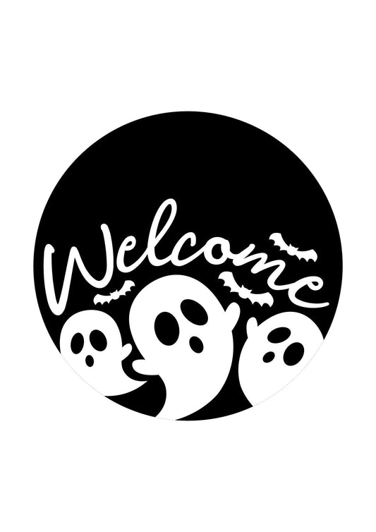 Halloween Ghost Welcome Wreath Sign, Spooky Halloween Wreath Attachment, Cute Ghost Decor, Black and White Halloween Wreath Sign