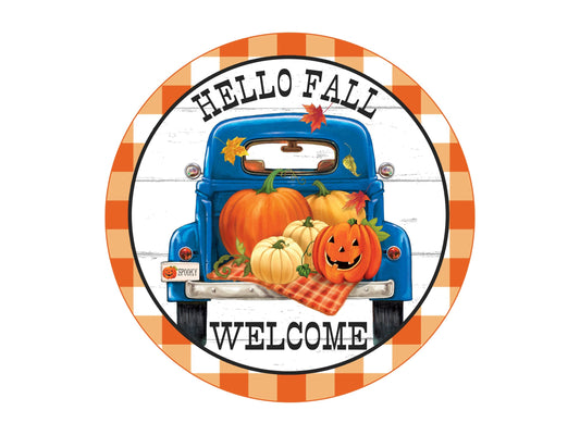 Hello Fall Welcome Wreath SIgn, Blue VintageTruck with Pumpkins Wreath Attachment, Autumn Welcome Sign, Buffalo Check Decor