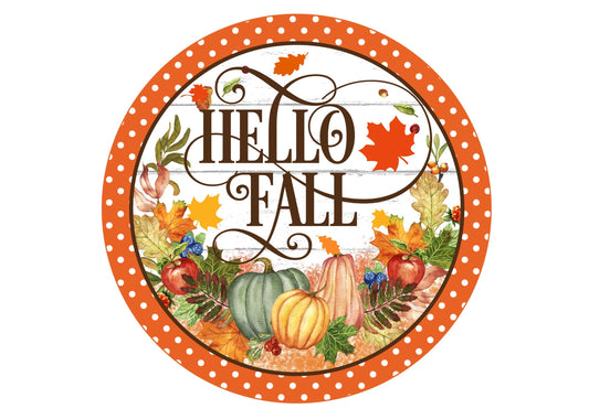 Hello Fall Wreath SIgn with Pumkins and Leaves, Autumn Welcome Wreath Attachment, pumpkin patch decor, farmhouse fall sign,
