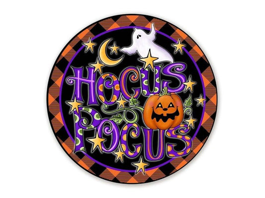 Hocus Pocus Wreath Sign, Round Halloween Wreath Attachment, Orange Black Plaid Metal, Round Halloween Ghost Sign, Pick Your Size Sign