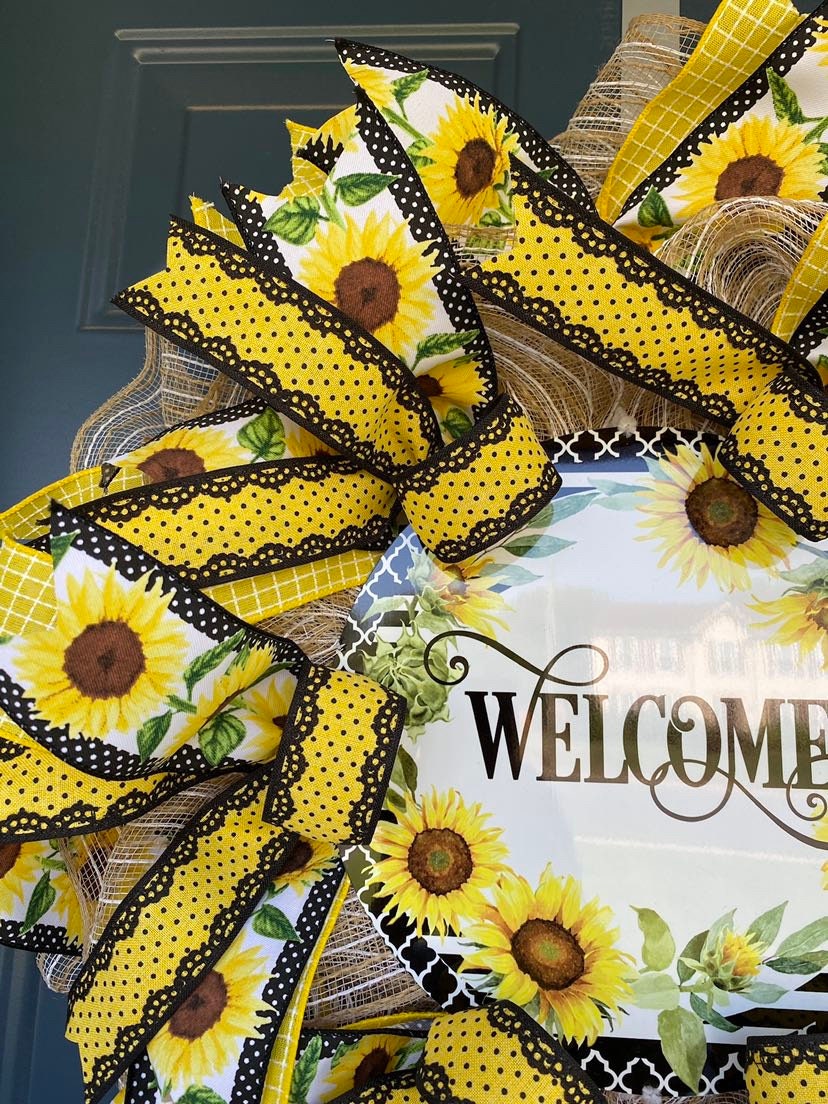 Slim Sunflower Wreath for your Front Door, Yellow and Black Sunflower Welcome Wreath