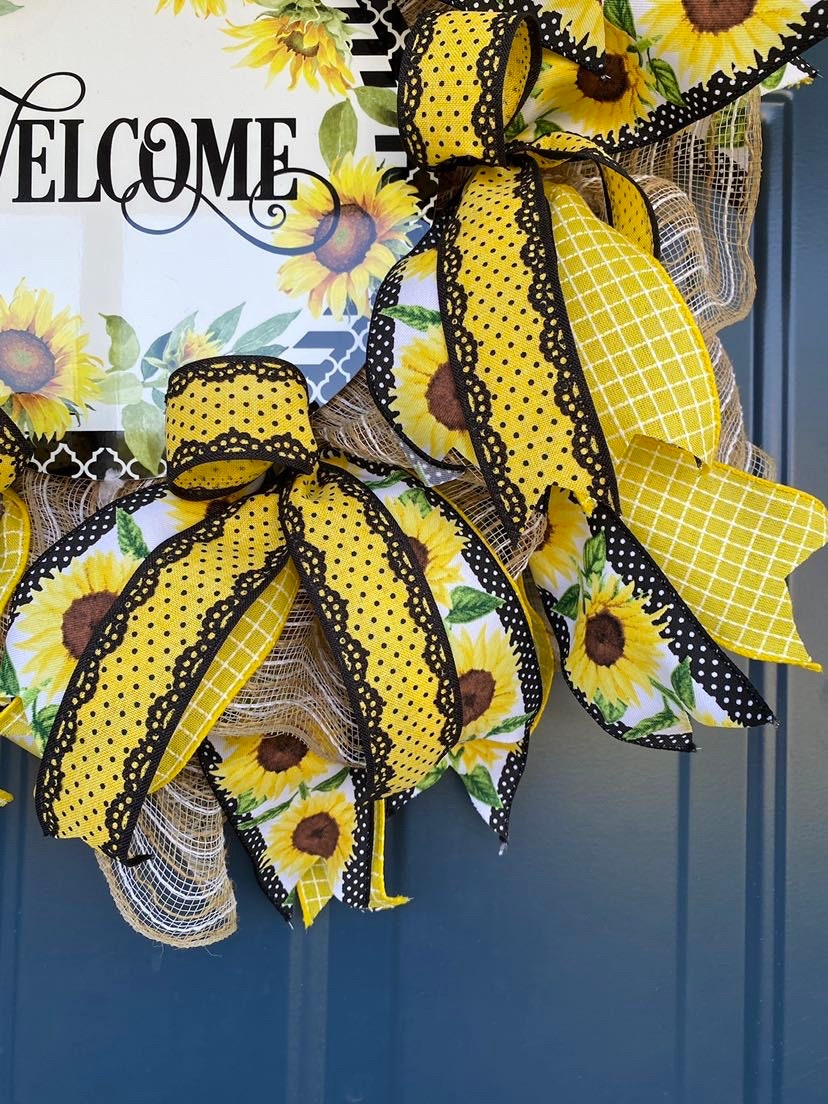 Slim Sunflower Wreath for your Front Door, Yellow and Black Sunflower Welcome Wreath