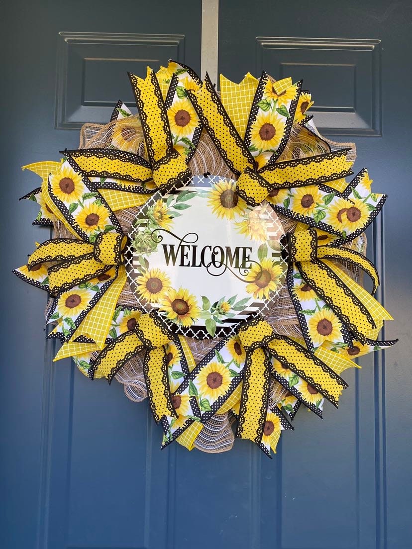 Slim Sunflower Wreath for your Front Door, Yellow and Black Sunflower Welcome Wreath
