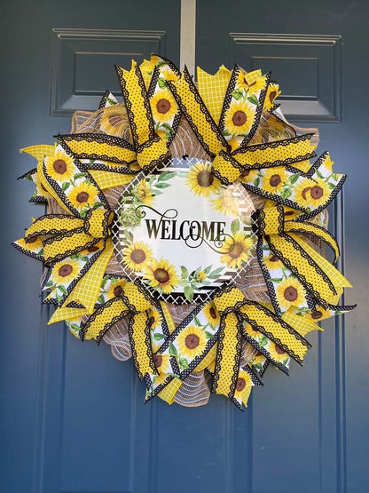 Slim Sunflower Wreath for your Front Door, Yellow and Black Sunflower Welcome Wreath