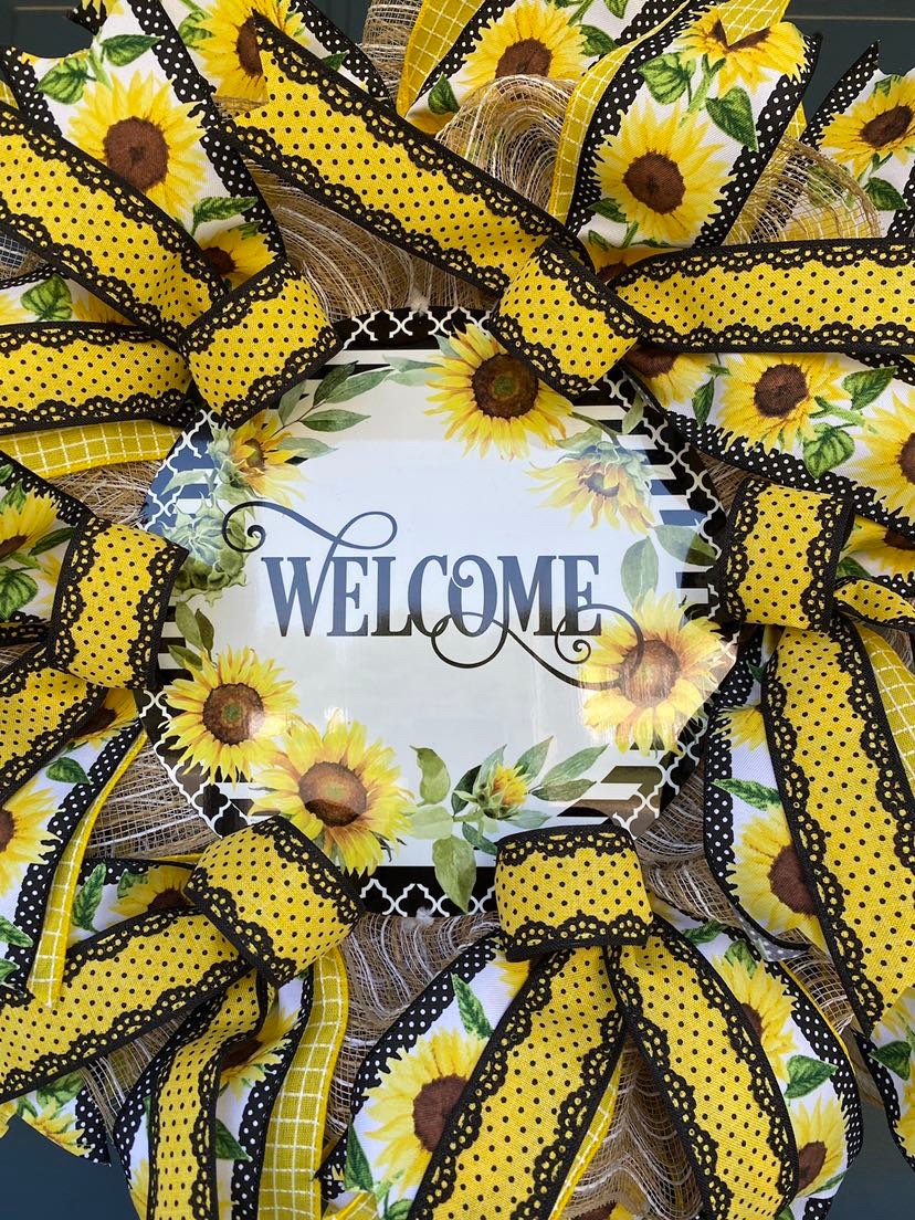 Slim Sunflower Wreath for your Front Door, Yellow and Black Sunflower Welcome Wreath